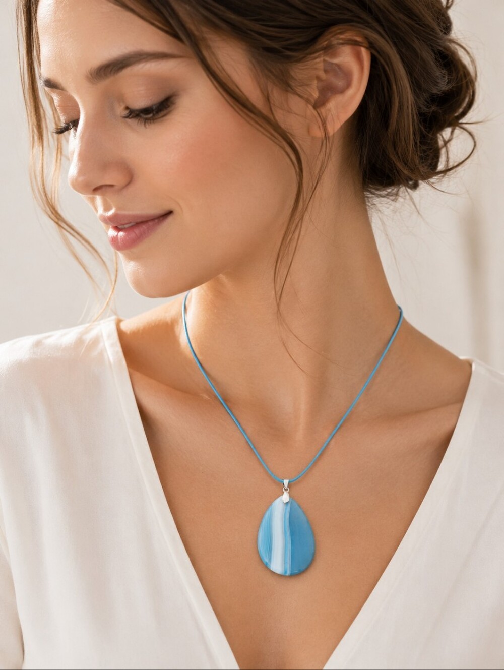 Blue Agate Teardrop Pendant Necklace Adjustable 17-19 Inch Wax Nylon Cord